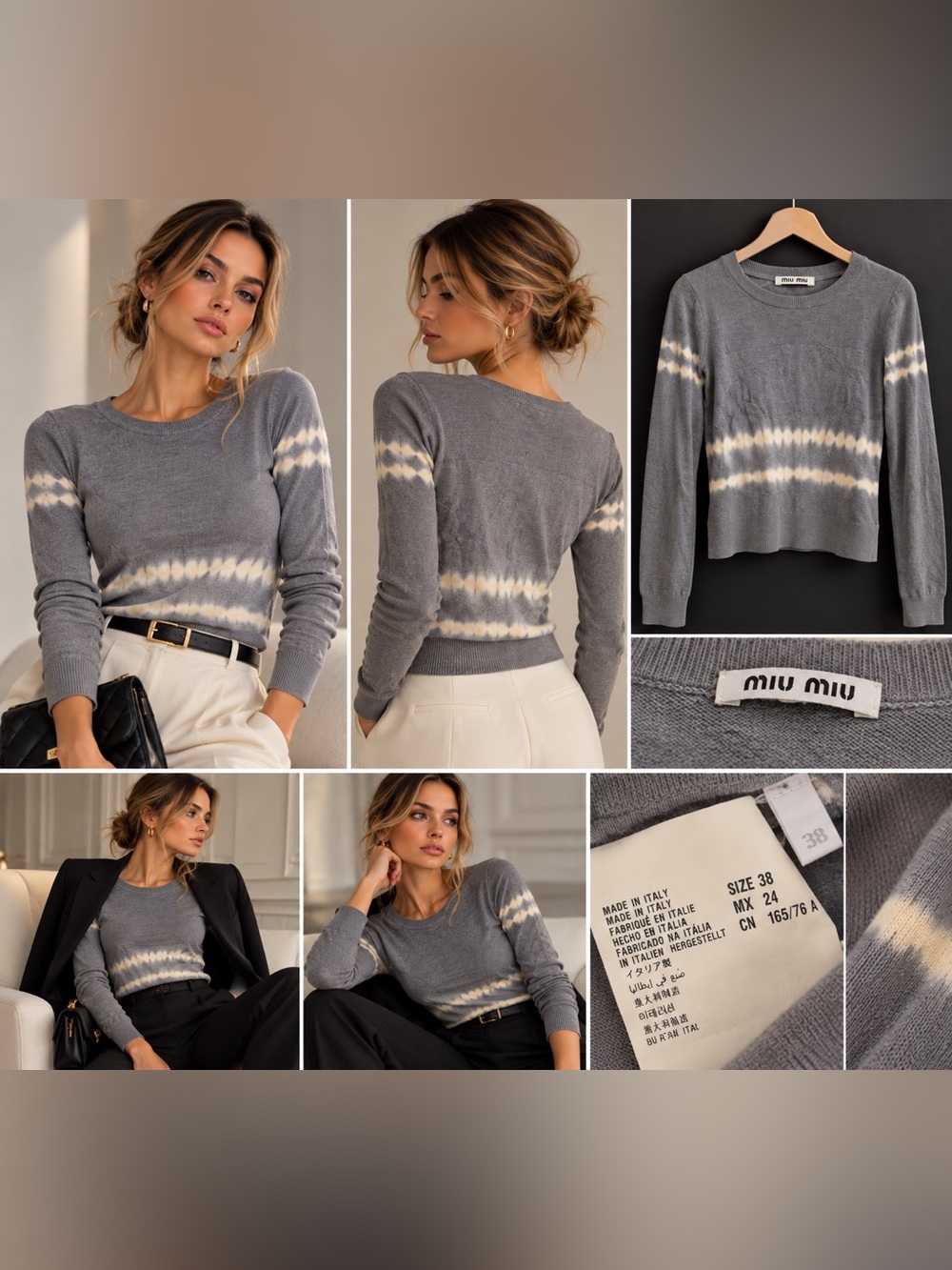 Miu Miu Gray Crewneck Sweater with Cream Tie-Dye Bands